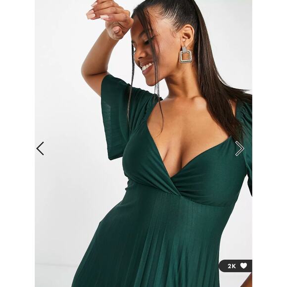 ASOS Pleated Twist Back Cap Sleeve Maxi Dress Women 4 Forest Green Sheer Chiffon - Picture 2 of 10